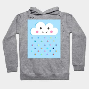 Rainbow Raindrops, Happy Rain Cloud, on Blue Hoodie